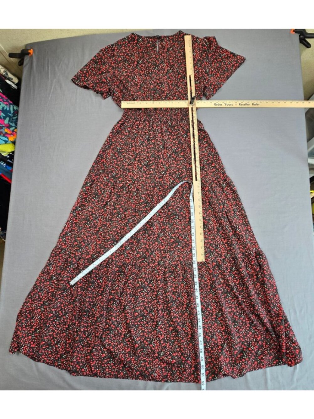 Medium Cottage Core Boho Maxi Dress Black Red Floral Print Elastic Waist - Picture 5 of 5